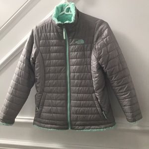 NorthFace reversible mint green jacket.